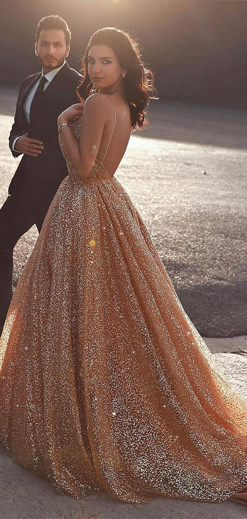 A-line Stylish Sparkly Sequin Open Back Long Prom Dresses PD143