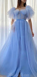 A-line Tulle Blue Long Princess Evening Prom Dresses Online PD092