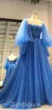 A-line Tulle Blue Long Sleeves Princess Pretty Long Women Evening Prom Dresses PD728