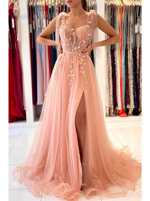 A-line Tulle Elegant Fashion Side Slit Princess Formal Long Evening Pr bridalsew A-line Tulle Elegant Fashion Side Slit Princess Formal Long Evening Pr bridalsew