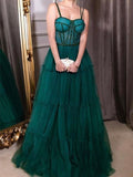 A-line Tulle Green Elegant Women Sleeveless Long Prom Dresses PD393