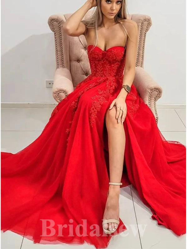 A-line Tulle Lace Red Gorgeous Stylish Long Women Evening Prom Dresses PD862