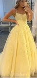 A-line Tulle Lace Yellow Spaghetti Straps Simple Elegant Modest Long Party Evening Prom Dresses PD1310