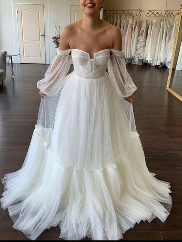 A-line Tulle Long Sleeves Boho Plus Size Elegant Vintage Beach Long Wedding Dresses WD190