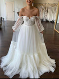 A-line Tulle Long Sleeves Boho Plus Size Elegant Vintage Beach Long Wedding Dresses WD190