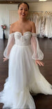 A-line Tulle Long Sleeves Boho Plus Size Elegant Vintage Beach Long Wedding Dresses WD190