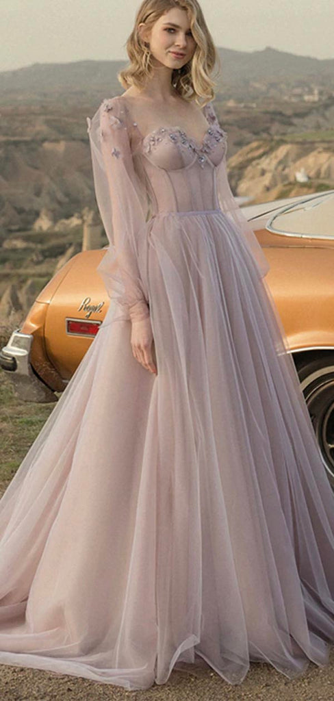 A-line Tulle Long Sleeves Elegant Women Stylish Long Prom Dresses PD392