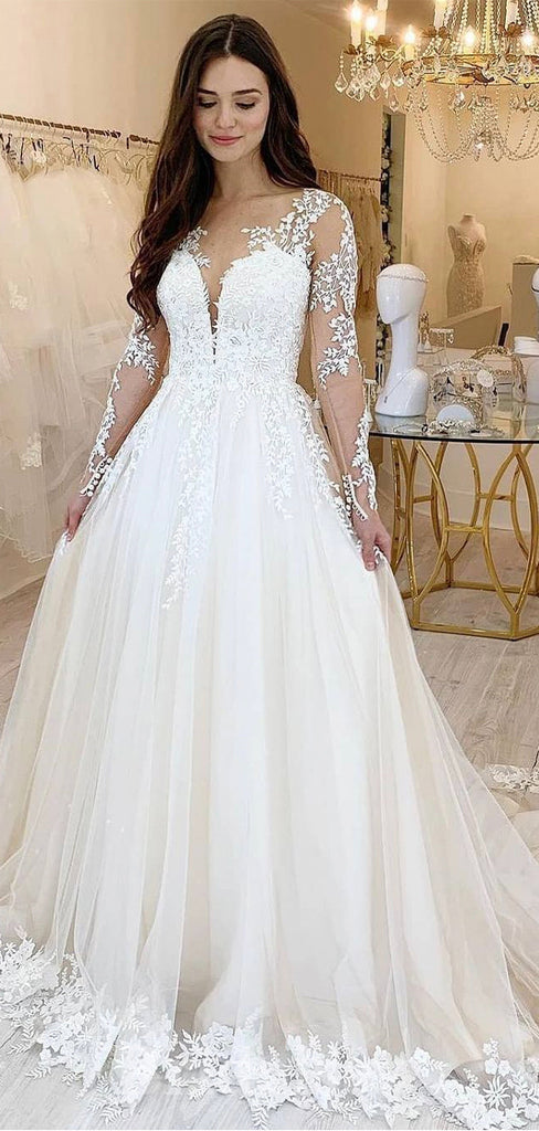 A-line Tulle Long Sleeves Garden Beach Vintage Long Wedding Dresses, Dream Bridal Gown WD434
