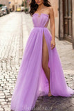 A-line Tulle Side Slit Modest Party Long Prom Dresses PD036