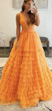 A-line Tulle V-neck Orange Elegant Fashion Long Prom Dresses, Evening Dress PD430