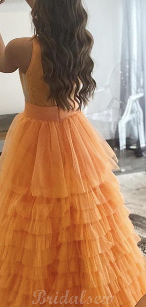 A-line Tulle V-neck Orange Elegant Fashion Long Prom Dresses, Evening Dress PD430