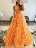 A-line Tulle V-neck Orange Elegant Fashion Long Prom Dresses, Evening Dress PD430