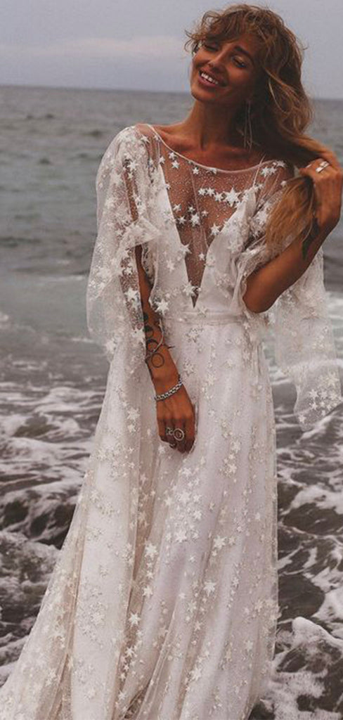 A-line Unique Design Sarts Tulle Boho Vintage Dream Beach Long Wedding ...