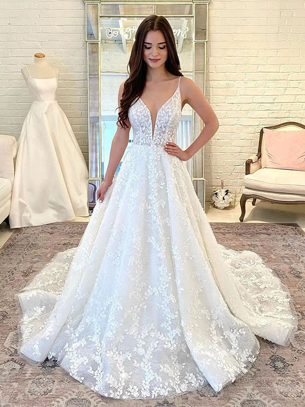 A-line Unique Lace Long Vintage Beach Wedding Dresses, Bridal Gowns WD107