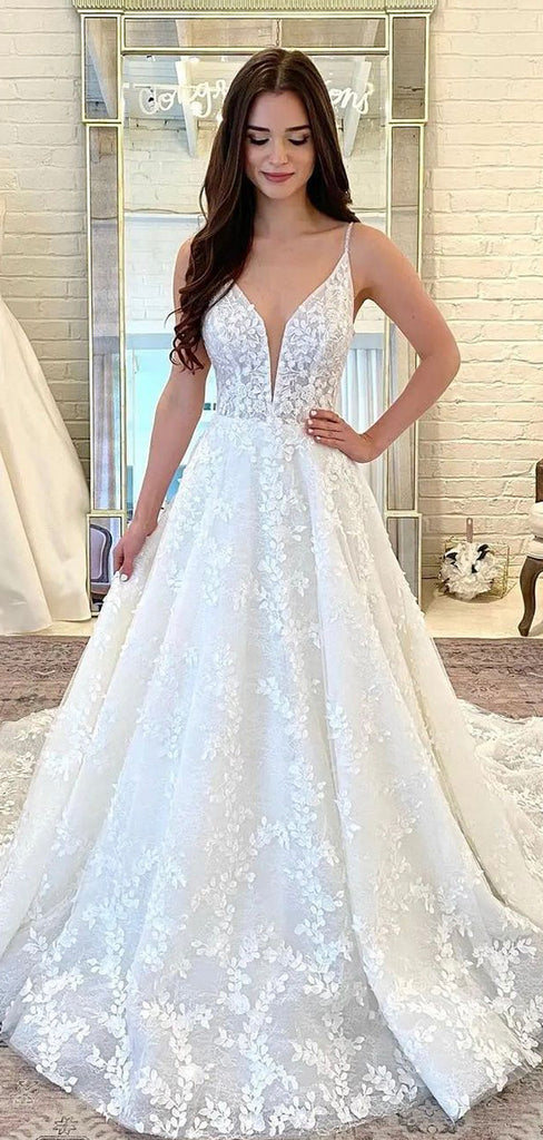 A-line Unique Lace Long Vintage Beach Wedding Dresses, Bridal Gowns WD107