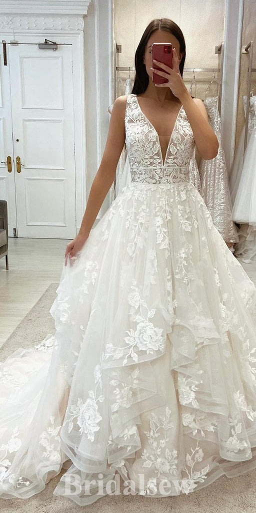 A-line Unique Lace Princess Vintage Dream Beach Long Wedding Dresses, Bridal Gown WD491