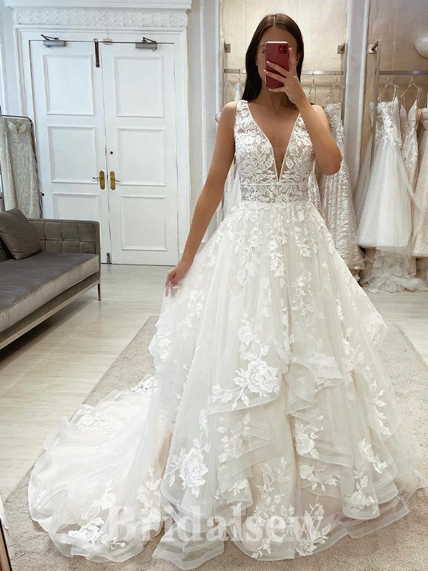 A-line Unique Lace Princess Vintage Dream Beach Long Wedding Dresses, Bridal Gown WD491