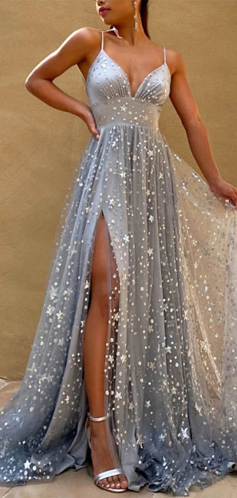 A-line Unique Sequin Modest Pretty Formal Long Evening Prom Dresses PD285