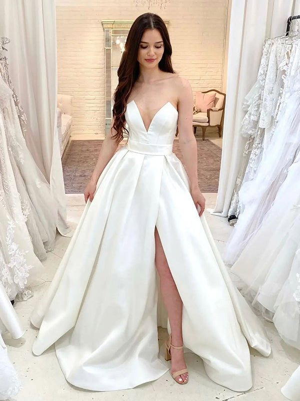 A-line Unique Simple Long Satin Strapless Wedding Dresses, Bridal
