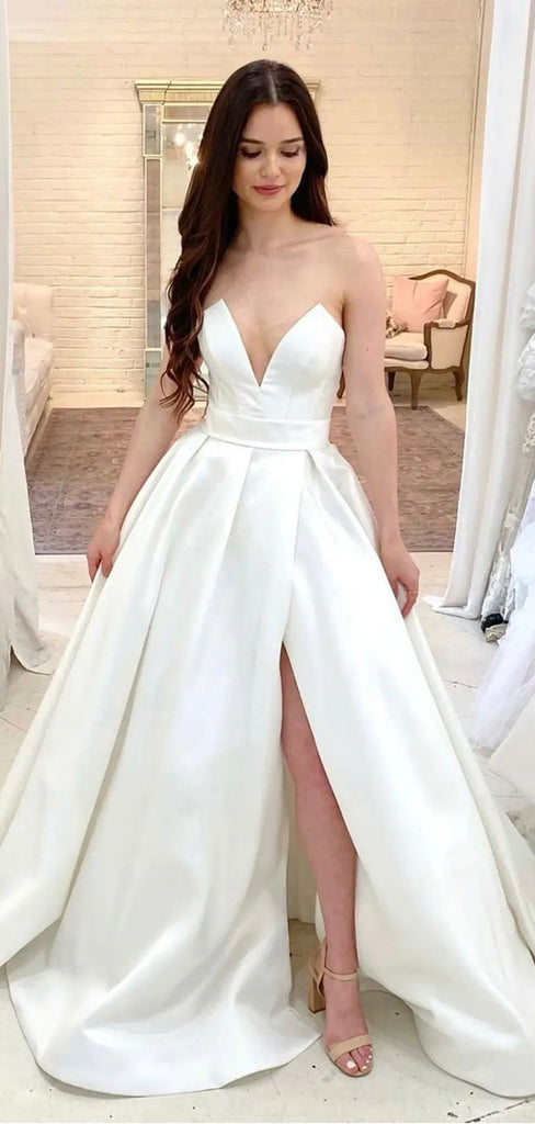 A-line Unique Simple Long Satin Strapless Wedding Dresses, Bridal Gown bridalsew A-line Unique Simple Long Satin Strapless Wedding Dresses, Bridal Gown bridalsew
