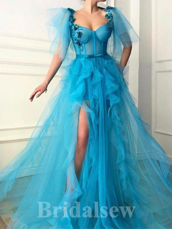 A-line Unique Slit Stylish Tulle Elegant Long Women Evening Prom Dresses PD854