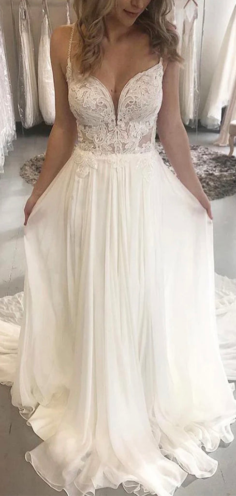 A-line Unique Sweetheart Lace Tulle Vintage Beach Long Wedding Dresses WD277
