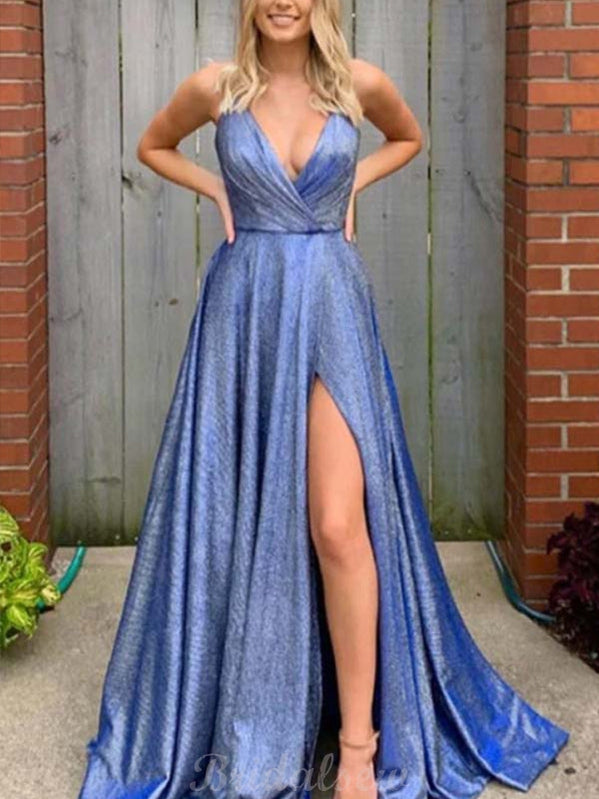 A-line V-Neck Blue Sequin Side Slit Simple Cheap Prom Dresses PD110