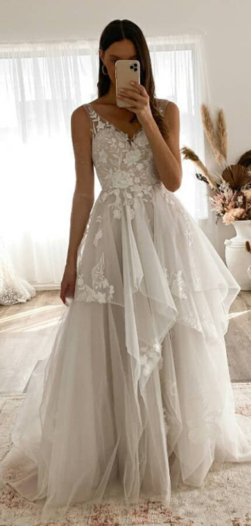 A-line V-Neck Boho French Tulle Long Dream Wedding Dresses WD025