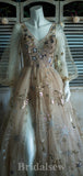 A-line V-Neck Long Sleeves Princess Gorgeous Stunning Long Women Evening Prom Dresses PD822