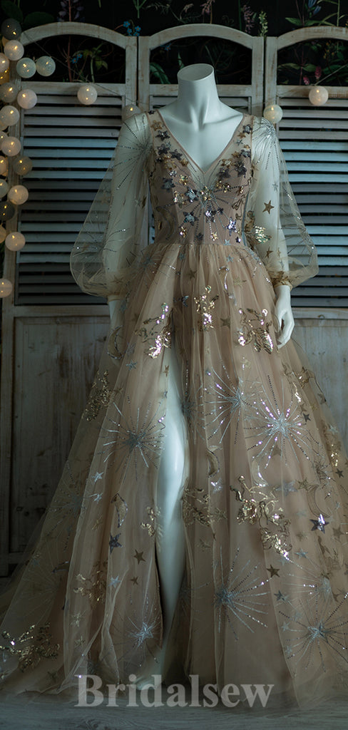 A-line V-Neck Long Sleeves Princess Gorgeous Stunning Long Women Evening Prom Dresses PD822