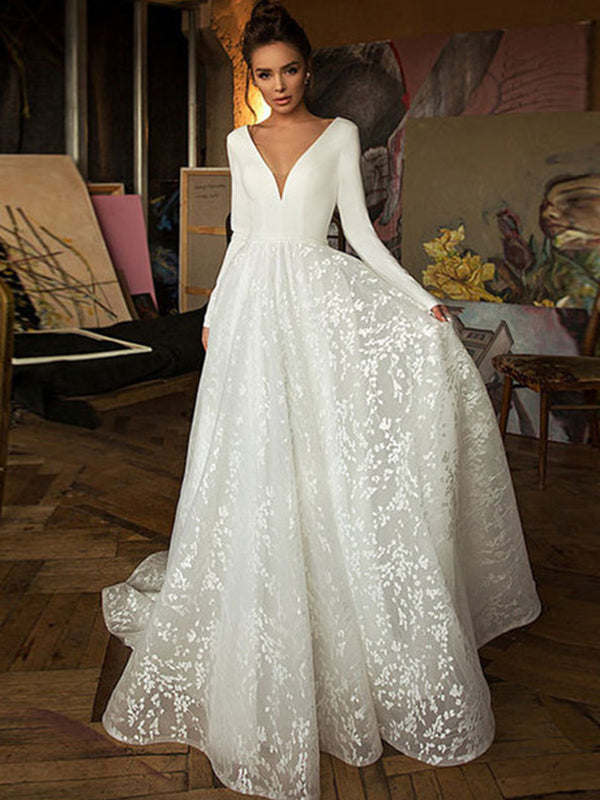 A-line V-Neck Long SleevesVintage Elegant Wedding Dresses WD035
