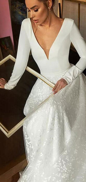 A-line V-Neck Long SleevesVintage Elegant Wedding Dresses WD035 – bridalsew