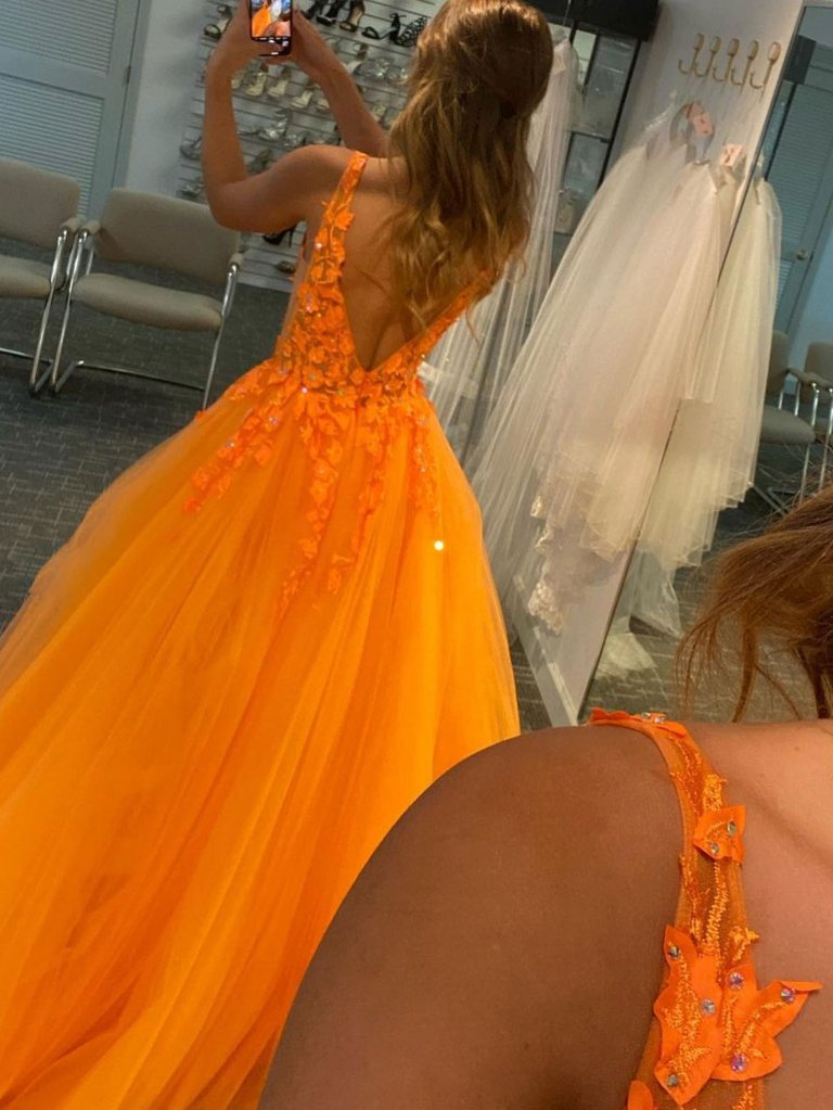 A-line V-Neck Orange Lace Tulle Fashion Formal Long Prom Dresses PD248