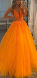 A-line V-Neck Orange Lace Tulle Fashion Formal Long Prom Dresses PD248