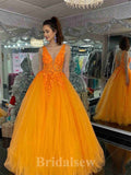 A-line V-Neck Orange Popular Tulle Best Elegant Modest Long Party Evening Prom Dresses PD1317