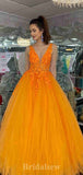 A-line V-Neck Orange Popular Tulle Best Elegant Modest Long Party Evening Prom Dresses PD1317