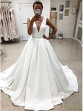 A-line V-Neck Satin Simple Beach Vintage Long Wedding Dresses, Dream Bridal Gown WD421