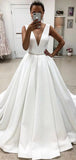A-line V-Neck Satin Simple Beach Vintage Long Wedding Dresses, Dream Bridal Gown WD421