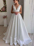 A-line V-Neck Satin Simple Elegant Vintage Beach Long Wedding Dresses WD192