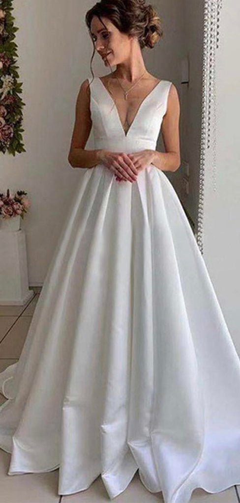 A-line V-Neck Satin Simple Elegant Vintage Beach Long Wedding Dresses bridalsew A-line V-Neck Satin Simple Elegant Vintage Beach Long Wedding Dresses bridalsew