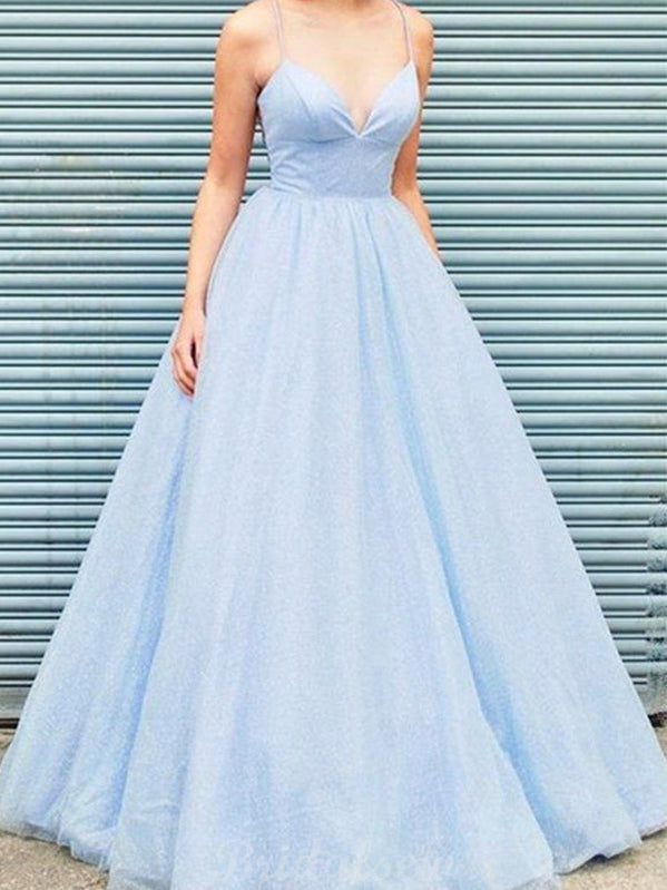 A-line V-Neck Sequin Light Blue Sparkly Modest Prom Dresses PD014
