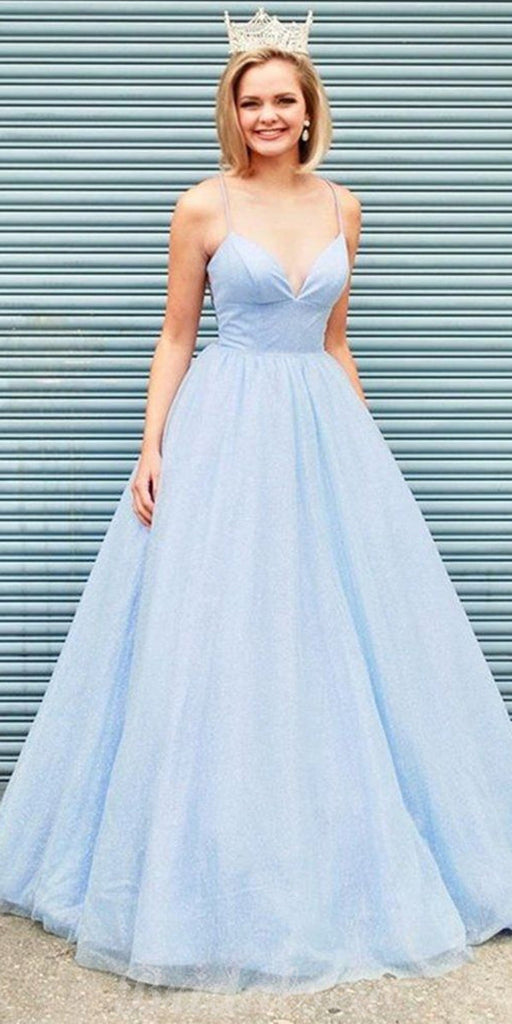 A-line V-Neck Sequin Light Blue Sparkly Modest Prom Dresses PD014 – bridalsew
