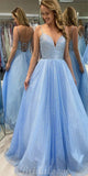 A-line V-Neck Sequin Light Blue Sparkly Modest Prom Dresses PD014