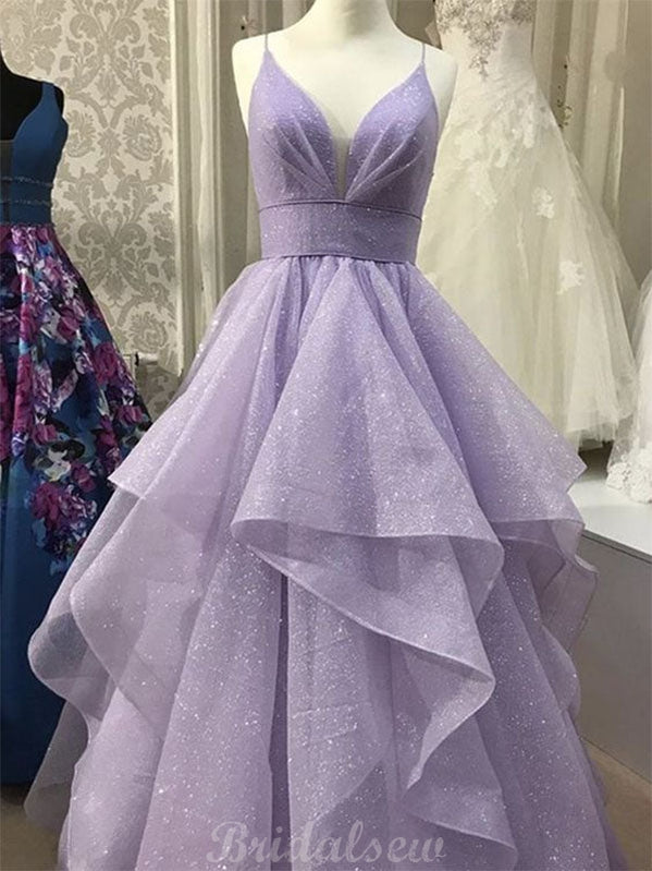 A-line V-Neck Sequin Light Purple Modest Prom Dresses PD046