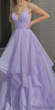 A-line V-Neck Sequin Light Purple Modest Prom Dresses PD011
