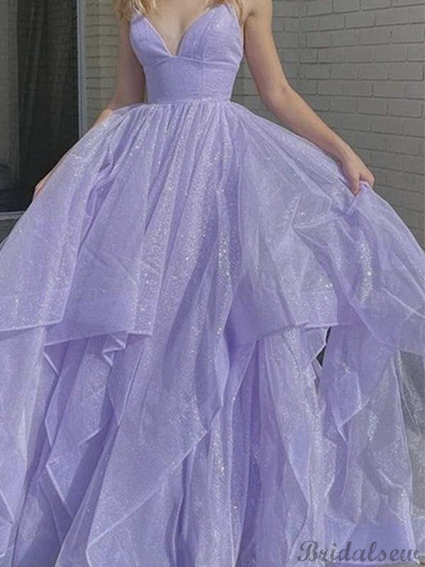 A-line V-Neck Sequin Light Purple Modest Prom Dresses PD011