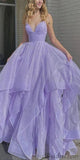 A-line V-Neck Sequin Light Purple Modest Prom Dresses PD011