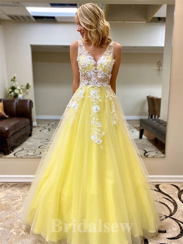 A-line V-Neck Sleeveless Yellow Tulle Elegant Modest Long Party Evening Prom Dresses PD1314