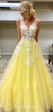 A-line V-Neck Sleeveless Yellow Tulle Elegant Modest Long Party Evening Prom Dresses PD1314