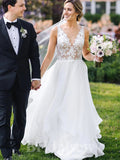 A-line V-Neck Top Lace Elegant Vintage Dream Beach Long Wedding Dresses, Bridal Gown WD479